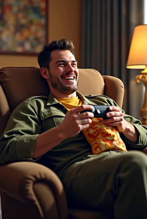  A laughing soldier with a controller in his hand,  sitting in an armchair .
In front of him an opened bag of chips .