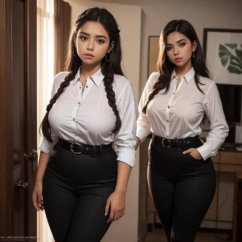 Dark photo style, Jacky a shy awkward short cute slightly chubby Mexican nerdy chola emo teen, medium slightly wild braided hair, cute detailed brown eyes, cutely detailed lips, cute highly detailed face, huge voluptuous sagging breasts, thin thighs, thin ...