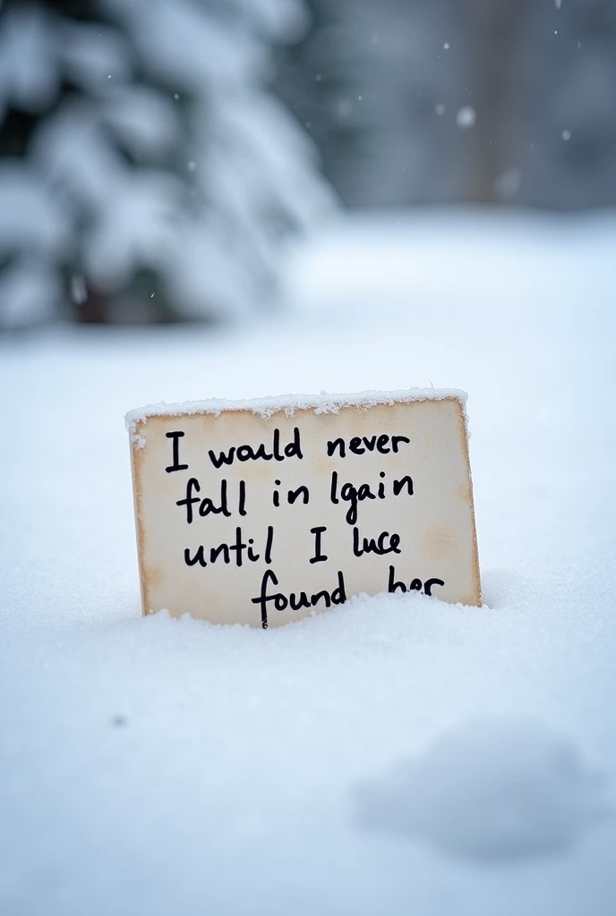 Snowy background with the inscription  su una lettera che brucia "I would never fall in love again until I found her". Write  "Snowy background with the inscription  "I would never fall in love again until I found her"  well on the letter .  Write these ex...