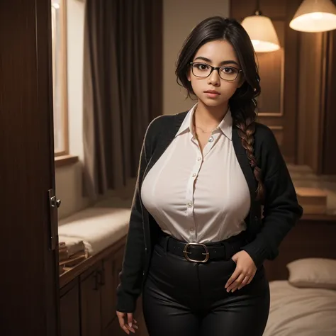 Dark photo style, Jacky a shy awkward short cute slightly chubby Mexican nerdy chola emo , medium slightly wild braided hair, cute detailed brown eyes, cutely detailed lips, cute highly detailed face, huge voluptuous sagging breasts, thin thighs, thin hips...