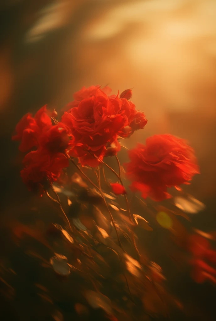 Create a dreamy, ethereal photograph of a bouquet of red roses bathed in warm, golden light. The image should have a soft-focus effect with a painterly blur, giving it an artistic and surreal quality. The composition should emphasize movement, as if the fl...