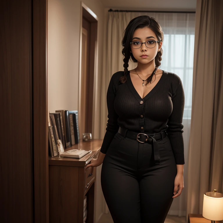 Dark photo style, Jacky a shy awkward very short petite cute slightly chubby Mexican nerdy chola emo , medium slightly wild braided hair, cute detailed brown eyes, cutely detailed lips, cute highly detailed face, huge voluptuous sagging breasts, thin thigh...