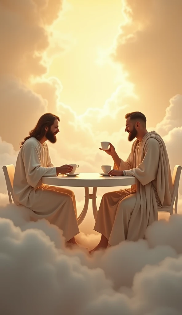  An elegant white marble table floating in the clouds ,  with a golden heavenly view in the background .  Jesus and Mohammed are seated ,  dressed in modern tunics .  Jesus with a cup of coffee , Muhammad with a cup of tea .  Both smile ,  as if they were ...