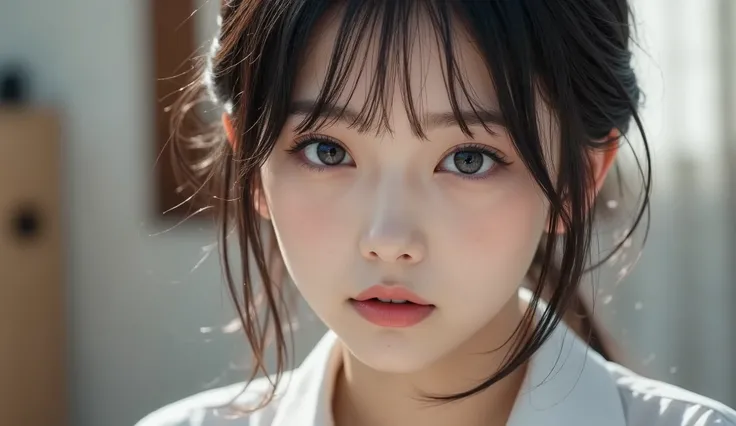 8k, ultra high resolution , top quality, masterpiece,rule of thirds,golden ratio, surreal, photos, one woman,( girl:1.3), cute, cute顔, Beautiful Eyes in Every Detail , 細かく Details, mature woman, princess,extream close up,smile, black hair,Messy hair,I...