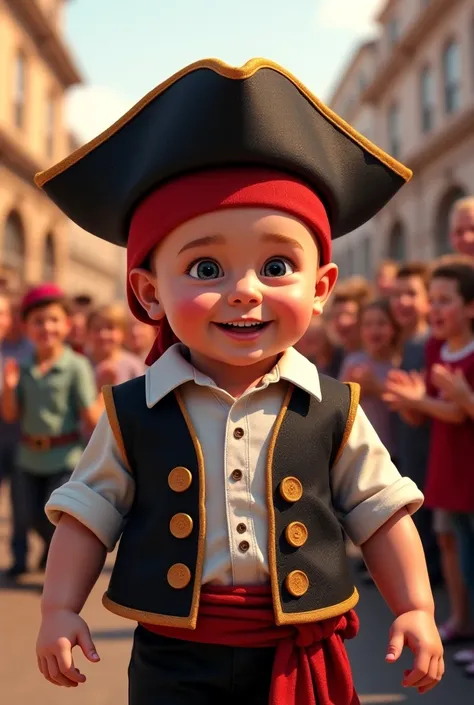  Photorealistic image of a baby of approximately  ,  facing the camera, Parading in a pirate costume he's wearing an eye cap , The baby is the highlight of the scene , with a perfect frame that captures your cheerful and confident expression. In the backgr...