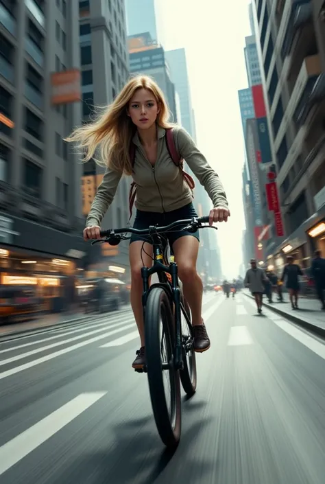 A woman driving a Mountainbike in a City at High Speed. The motion Blur around her . 