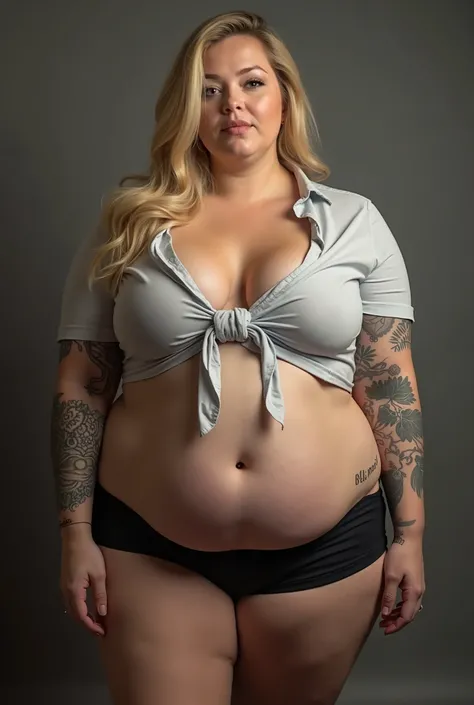 Sexy obese young realistic blonde in short tight shorts and shirt stands right in front of the camera.  Her thighs are very big and wide, and the chest is huge and round. Her ass and thighs are very fat and tattooed, in the photo you can see her full lengt...