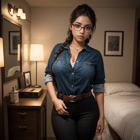 Dark photo style, Jacky a shy awkward very short petite cute slightly chubby Mexican nerdy chola emo , medium slightly wild braided hair, cute detailed brown eyes, cutely detailed lips, cute highly detailed face, huge voluptuous sagging breasts, thin thigh...