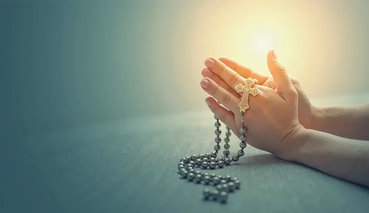 Create an image for a YouTube thumbnail with the theme "We Pray the Terço of Mercy." Use a soft gradient background in shades of blue and gold, conveying serenity and spirituality. In the center, include a detailed rosary and hands in prayer, symbolizing d...