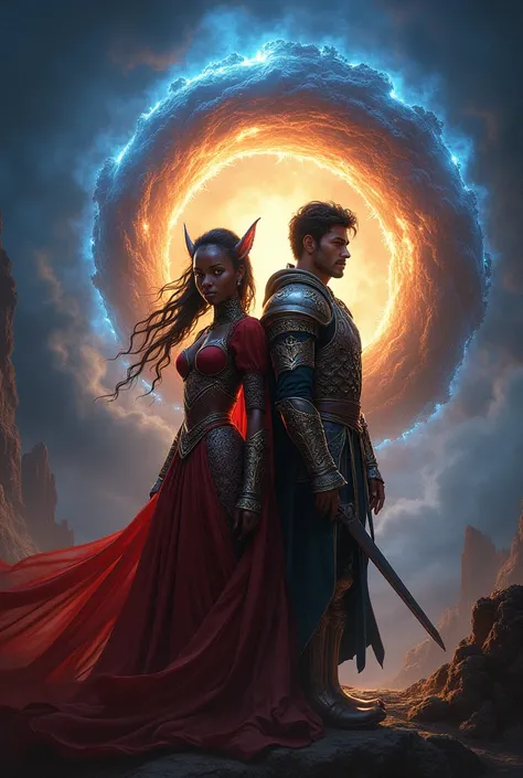 Prompt:

“Epic fantasy romance book cover for ‘Echoes of Destiny: The Bound Worlds.’ In the background, a majestic cosmic portal swirls with deep blues, fiery reds, and shimmering golden light, symbolizing two merging universes. In the foreground on the le...