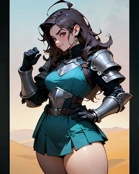 forty-five year old French half orc woman, deep violet hair with graying strands, long messy wild hair, vibrant blue hued skin with dark speckled and faded patches, layered short skirt dress under a thick leather breastplate, thick leather gauntlets, heavy...