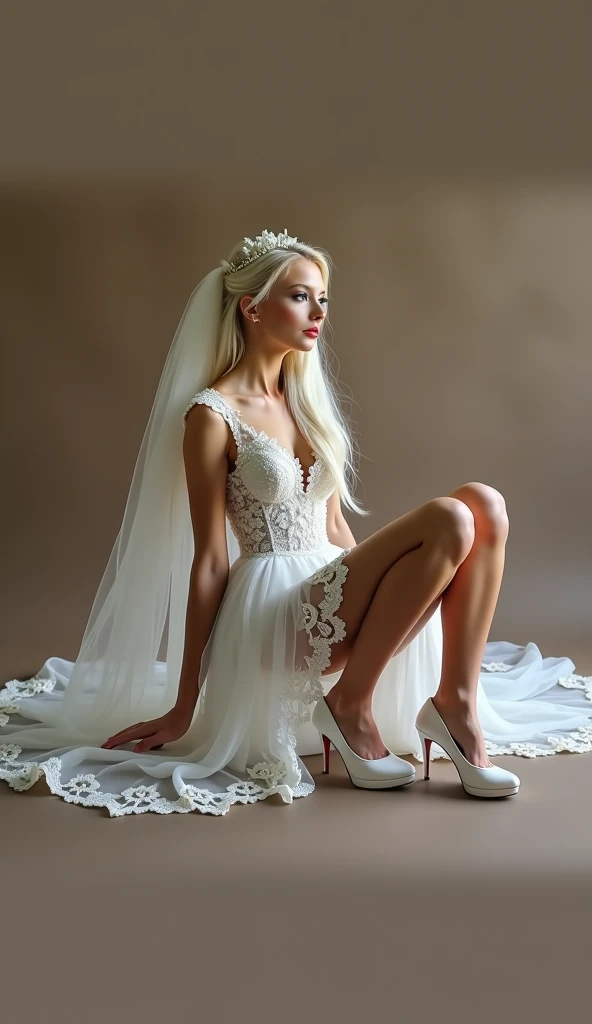 commercial lipstick, 、Slavic appearance、fire、 bright makeup、white long hair
Dressed in a short white illuminated lace wedding dress 
The dress is as short as possible
30 cm high platform shoes, white
The girl is sitting with her legs spread out in a squat 