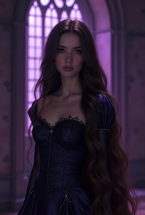  Generate an image of Rapunzel , But being a brunette ,  with long hair,  and with a darker purple aesthetic