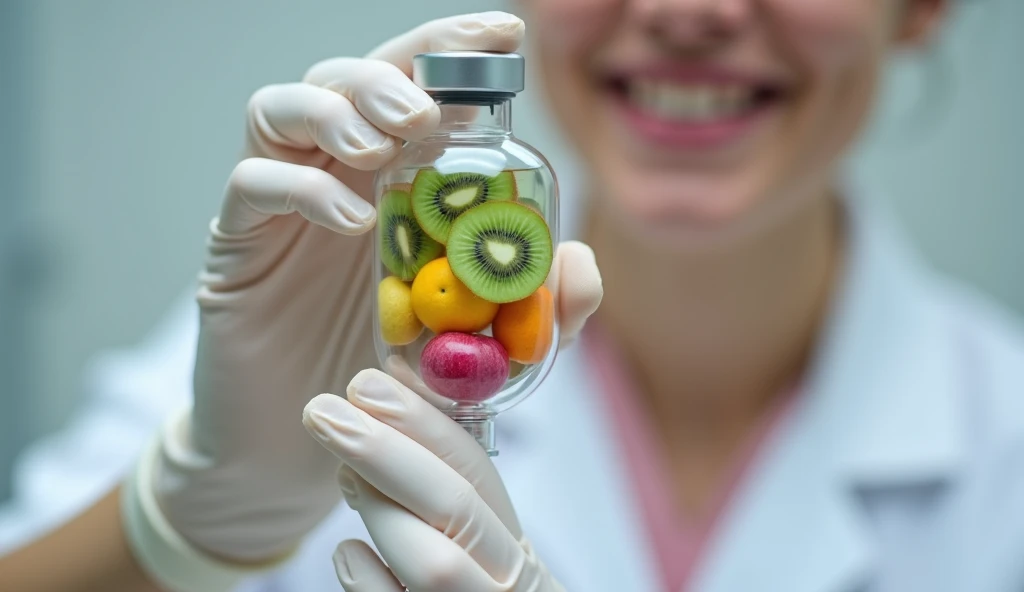  high quality , 8k Ultra HD,  a health professional wearing gloves and holding a transparent intravenous serum . Inside the serum ,  is a creative montage of fruits such as kiwi , uva,  apple and orange ,  symbolizing vitamins and nutrients .  The person i...