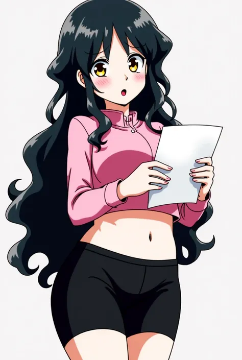  Capture of Boku no Hero Academia . Girl with long wavy black hair ,  with white skin,  golden-colored eyes ,  big breasts,  small waist, and wide hips, She wears a pink blouse and a short tight black skirt, she is crying and holding a letter in her hands.