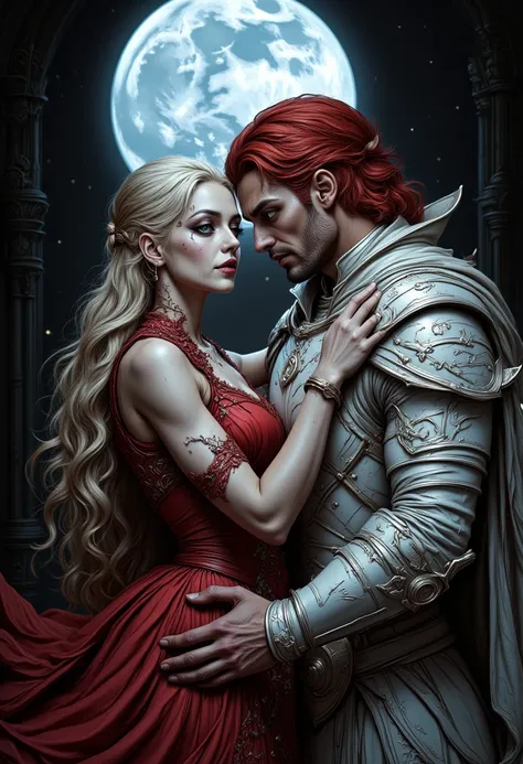 fantasy art, a picture of a fantasy, beautiful female vampire, best detailed face,  pale skin, blond hair, glowing eyes blue eyes, wearing red dress, silk dress, intricate dress, hugging a  man, muscular man, best detailed face, wearing white armor, red ha...