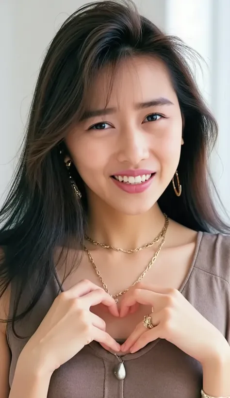 She wears an attractive camisole, creates a heart shape with both hands and poses in front of her chest, Close-up shot of a smiling face with one eye closed,2,Change to a straight hairstyle that was popular in the 20s、Retouch old photos in a modern way、(ph...