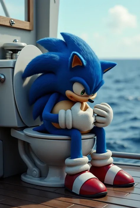 Sonic the fat hedgehog pooping sadly in a toilet at sea