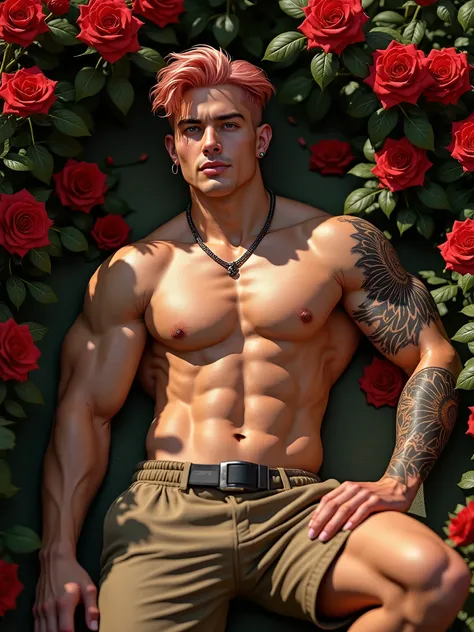 A very attractive young man, about 24 years old, with fair tanned skin that pops under the dramatic lighting. His short, wavy pink-peach hair is carefully combed to one side, in a fresh and modern style. He wears a small earring in one ear and has large, e...