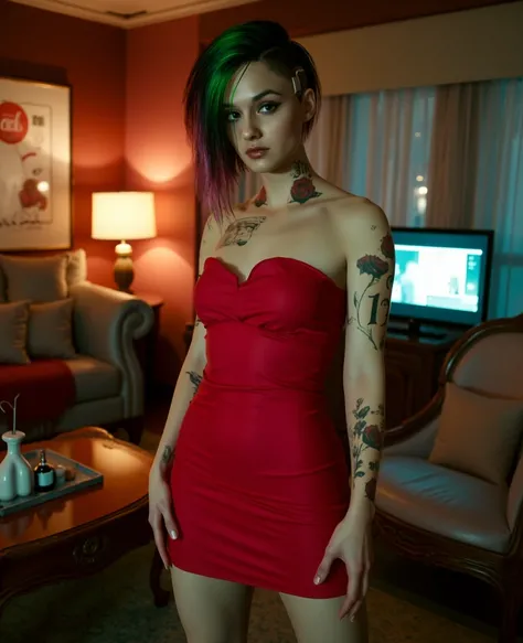 A photo of Judy Alvarez posing in a red strapless dress and black heels, living room