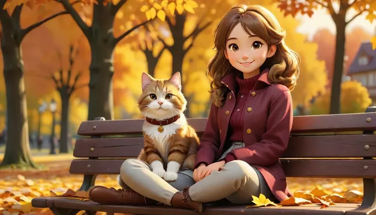 "((Lo-Fi drawing styles:1.5)), A heartwarming, highly detailed 3D-rendered illustration of a young woman in an anime style, sitting cross-legged on a bench in a peaceful autumn park, smiling warmly. She is wearing a stylish, fitted burgundy coat with gold ...