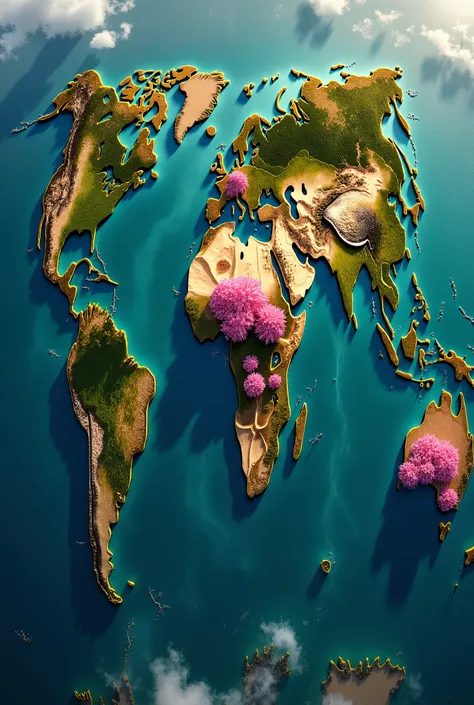 Create an image as if it were the one on the world map but create only 3 continents 1 above one below and one in the middle separated by poisonous seas all continents have forests at their ends and the middle continent is the richest and in its center ther...