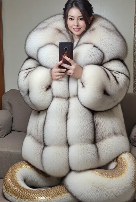 A selfie picture of  beautiful asian lady who is lamia, naga, snake queen is wearing a big fluffy fox fur coat with big fur collar,  surrounded by the huge plushie. She is looking at the camera, her snake tail color is brown white and gold color, sit on th...