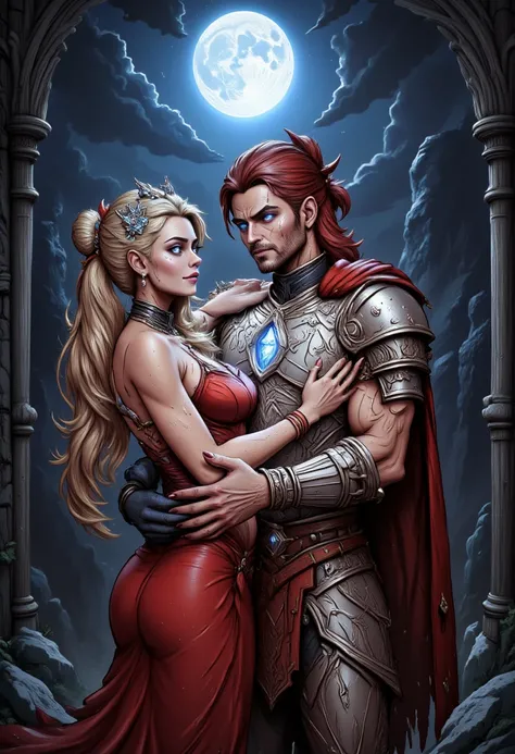 fantasy art, a picture of a fantasy, beautiful female vampire, best detailed face,  pale skin, blond hair, glowing eyes blue eyes, wearing red dress, silk dress, intricate dress, hugging a  man, muscular man, best detailed face, wearing white armor, red ha...