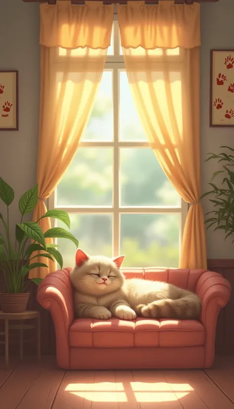 wallpaper, cafe ambiance, warm, small cat lazy, tone color film, pastel
Colours, cute paw art on walls.