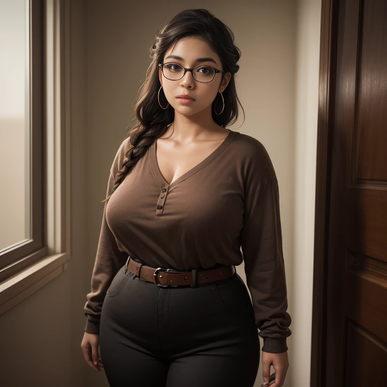 Dark photo style, brown skin shy awkward short cute slightly chubby Mexican nerdy chola emo , medium slightly wild braided hair, cute detailed brown eyes, cutely detailed lips, cute highly detailed face, huge voluptuous sagging breasts, thin thighs, wide h...