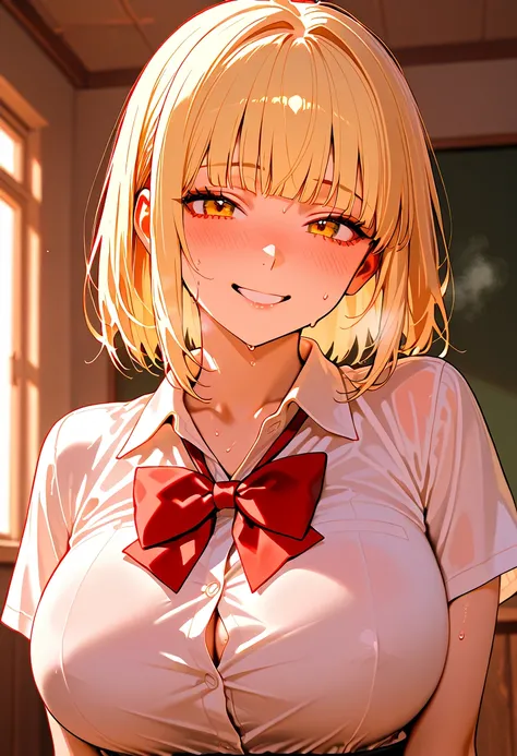 Himiko Toga from the anime Boku no Hero with big boobs and wearing a gyaru-style school uniform with the buttons on the shirt almost bursting because of the size of her breasts and looking with a shy face and sweating because of the heat and with heavy bre...