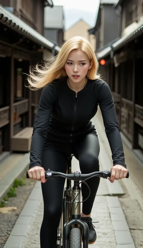 A stunningly beautiful blonde haired Caucasian woman wearing a backpack  and Sport-Outfits, driving a Mountainbike in a old Japanese City at High Speed. The motion Blur around her . 