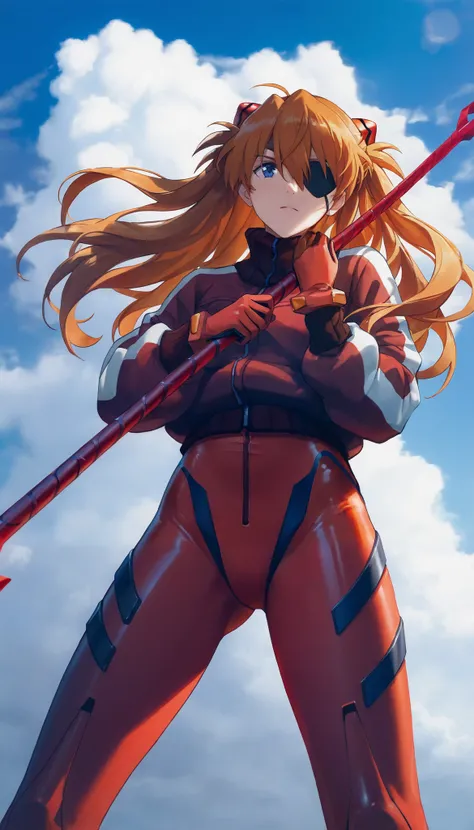 1 girl,  souryuu asuka langley , neon genesis  Evangelion, sensible, Alone , eyepatch,  tight red suit , epic poses, seen from below, hair moved by the wind,sunny day,sky and clouds,  with open legs ,  head tilt,  holding a weapon ,  Longinus Lance  \( Eva...