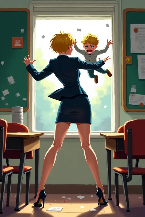 A teacher with short blond hair, Throwing a student out the window with his high heels