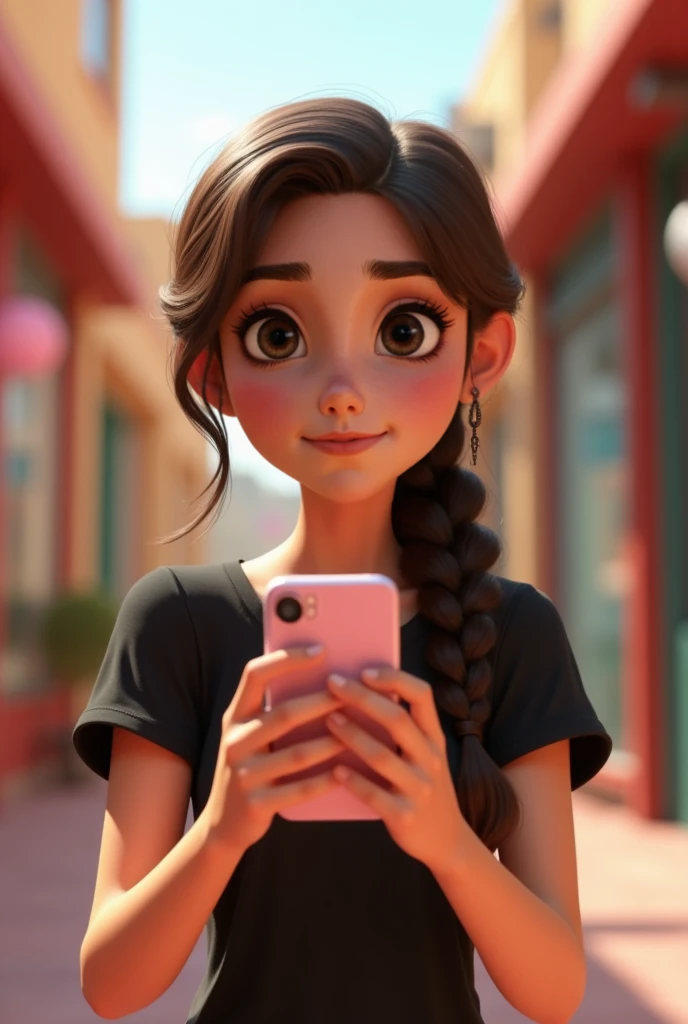 in the style of Disney 3D animation, 20-year-old girl with side braid, light skin on the right, physical complexion Mesomorph, shows half body as if posing for cell phone commercial. Looking at a cell phone, with facial expression of happy surprise and ama...