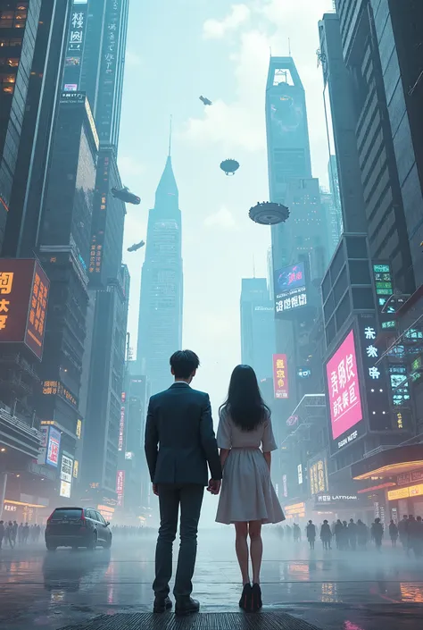 A realistic you chinese couple standing in a futuristic city cinematic 