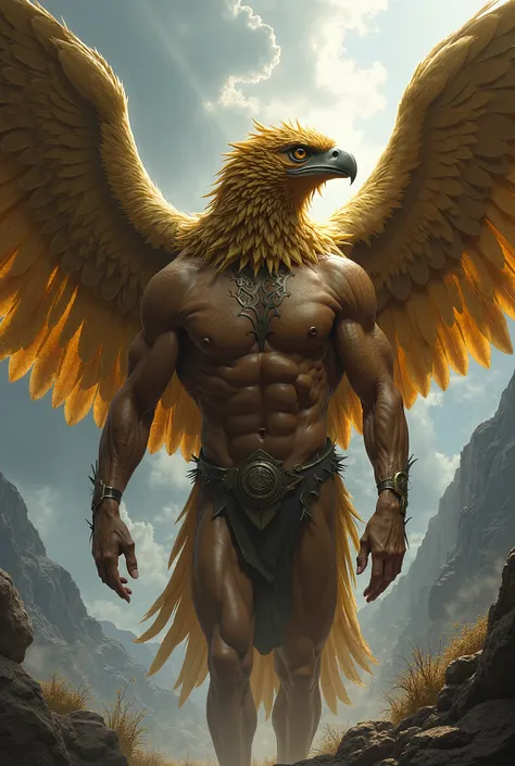 An epic and intricately detailed depiction of a mythological hybrid creature, blending human and eagle features. The creature has a strong, muscular human torso, but from the chest down, it is covered in golden and brown feathers. Majestic, expansive wings...