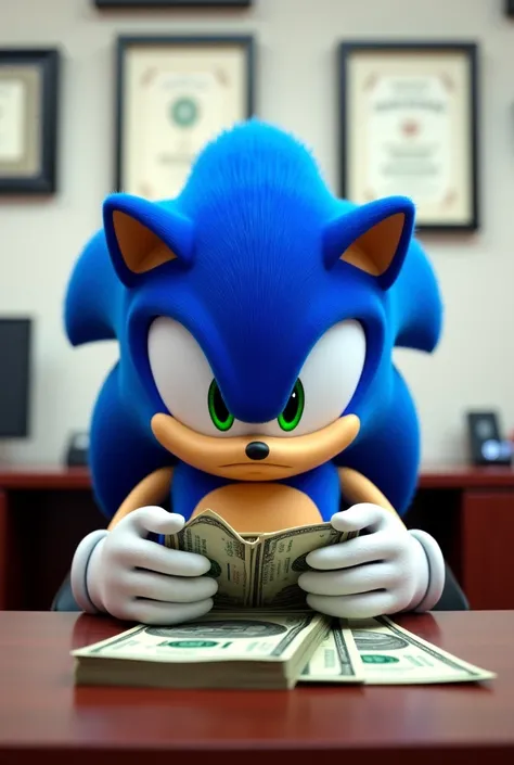 SONIC SITTING AT THE OFFICE COUNTING DOLLARS 