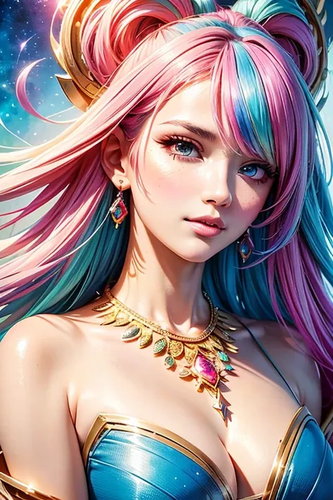 Close-up of a woman with colorful hair and necklace, anime girl with cosmic hair, Rossdraws soft vibrancy, Gouviz style artwork, fantasy art style, colorful], vibrant fantasy style, Rossdraws cartoon full of vitality, cosmic and colorful, Guweiz, colorful ...