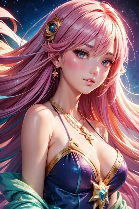 Close-up of a woman with colorful hair and necklace, anime girl with cosmic hair, Rossdraws soft vibrancy, Gouviz style artwork, fantasy art style, colorful], vibrant fantasy style, Rossdraws cartoon full of vitality, cosmic and colorful, Guweiz, colorful ...