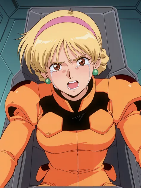 masterpiece, best quality, newest, absurdres, highres, detailed eyes, beautiful, detailed background, perfect eyes, anime coloring, anime screencap, 1990s \(style\), 1girl , Alone, KATEJINA'S STORY. blonde hair, short hair, single bun, french braid, pin...
