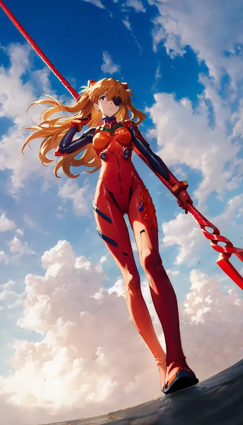 1 girl,  souryuu asuka langley , neon genesis  Evangelion, sensible, Alone , eyepatch,  tight red suit , epic poses, seen from below, hair moved by the wind,sunny day,sky and clouds,  with open legs ,  head tilt,  holding a weapon ,  Longinus Lance  \( Eva...