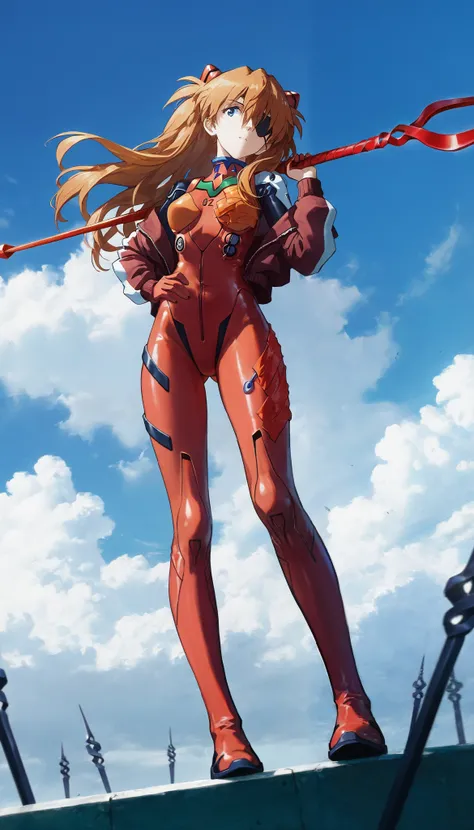 1 girl,  souryuu asuka langley , neon genesis  Evangelion, sensible, Alone , eyepatch,  tight red suit , epic poses, seen from below, hair moved by the wind,sunny day,sky and clouds,  with open legs ,  head tilt,  holding a weapon ,  Longinus Lance  \( Eva...