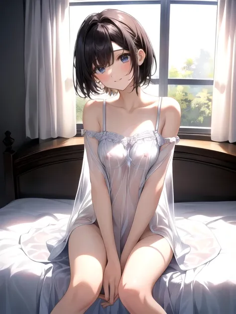 (Transparent and transparent nightgown), (Almost naked nightgown), Cute girl, wearing only a nightgown that shows through her skin, ((Sitting on the bed with her legs spread and showing off her crotch)), her nipples are coming out of a small size nightgown...