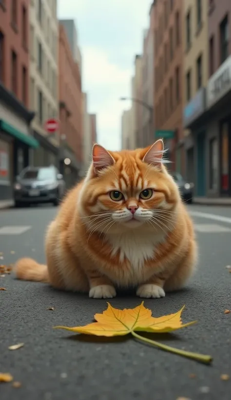 The fat cat sees a leaf on the ground in the street advertising a weight loss gym