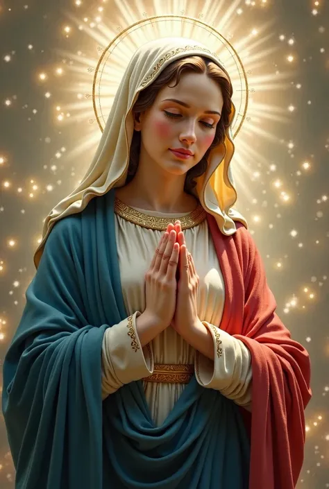 Generate an image of Our Lady where she is with her robe extended and with the rosary in her hand 
