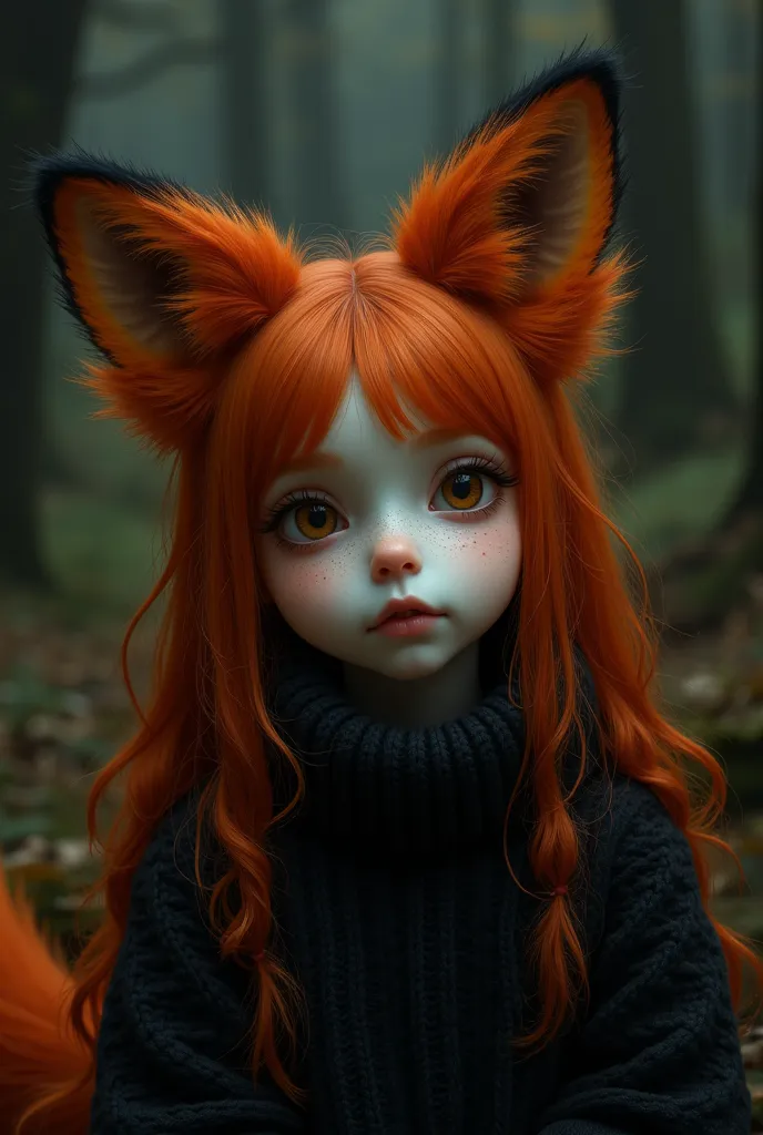 dark atmosphere, gothic, , high quality, female, woman, adult, mature, human, fluffy dark orange fox ears, extremely thick and layered dark orange hair, big upturned hazel eyes, chubby body, round chubby face, striking facial features, pale skin with pink ...