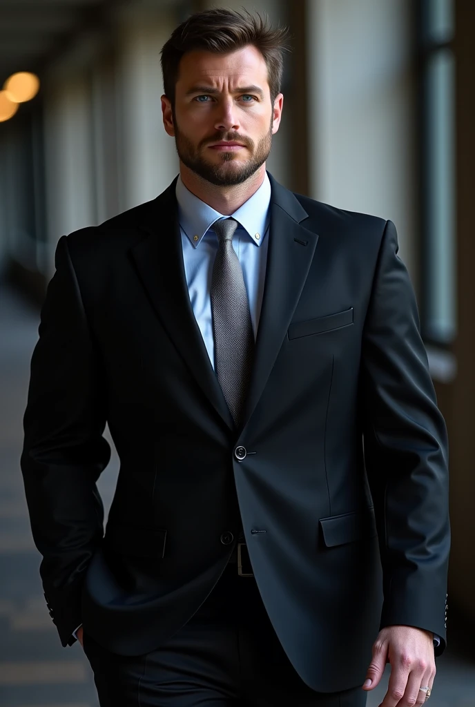 Handsome tall and strong white man with short brown hair with a short beard wearing a black suit with a light blue shirt and silver tie his eyes flash blue as he walks behind him there are dark shadows