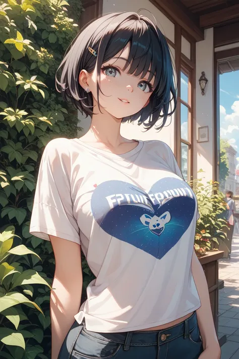  beautiful girl、 black hair、 short hair、Cunning、 fluffy、 cute、Boyfriend Shirt