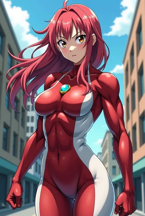 My Hero Academia Style , Anime girl, female, young female,muscular female,Full Body Shot,(fighting Pose:1.3),Long hair, Red Hair,  Brown Eyes,Hero Suit, Full Body Suit, red suit with white details,small round blue jewel in the center of the chest, perfect ...